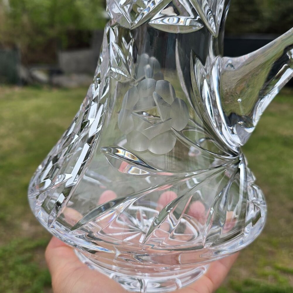 Etched Heavy Cut Crystal Pitcher Decanter Handle Floral Motif - Picture 9 of 14